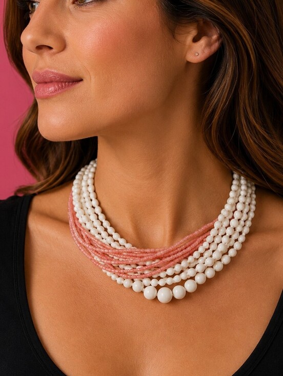 Vintage Jewelry - Vintage 1950s Multi-Strand Candy Pink and White Milk Glass Beaded Necklace